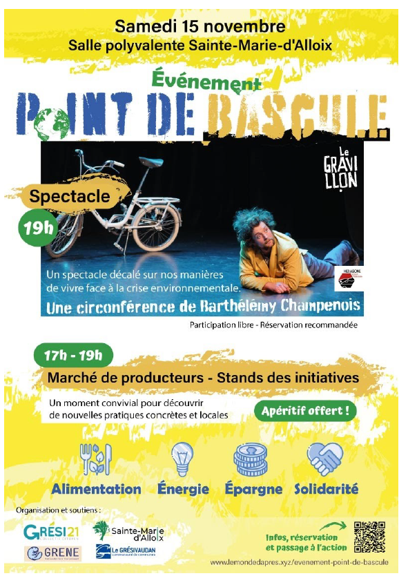 Spectacle « Point de Bascule » et stands des initiatives locales Nature/Environnement/Climat à Sainte-Marie-d’Alloix